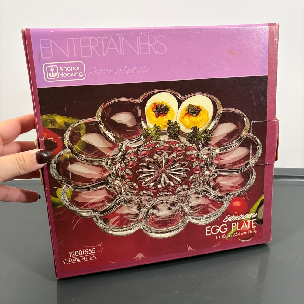 Anchor Hocking Entertainers Glass Deviled Egg Plate Starburst 10in 1200/555 USA